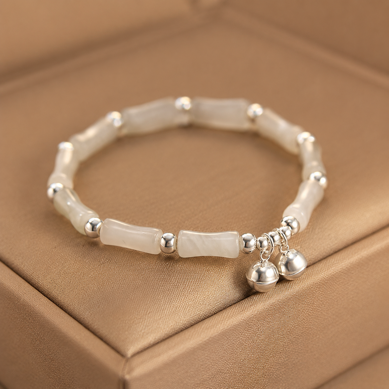 925 Sterling Silver Natural White Jade Bamboo Bell Charm Luck Happiness Bracelet