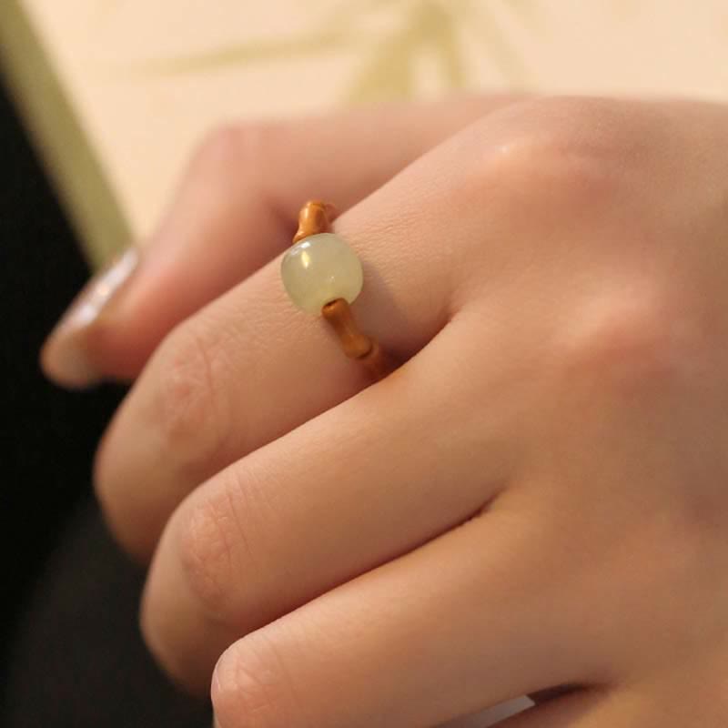 Buddha Stones Hetian Jade Beaded Bamboo Prosperity Luck Ring