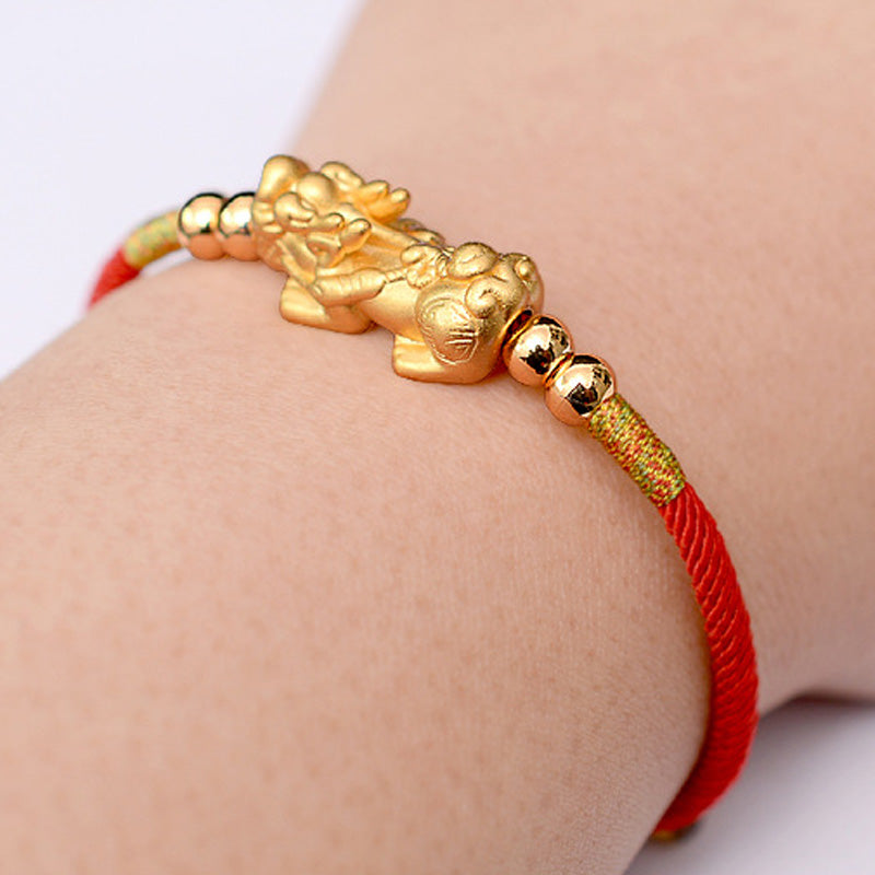 EverestArtstudios 24K Gold-Plated PiXiu Luck Red String Bracelet