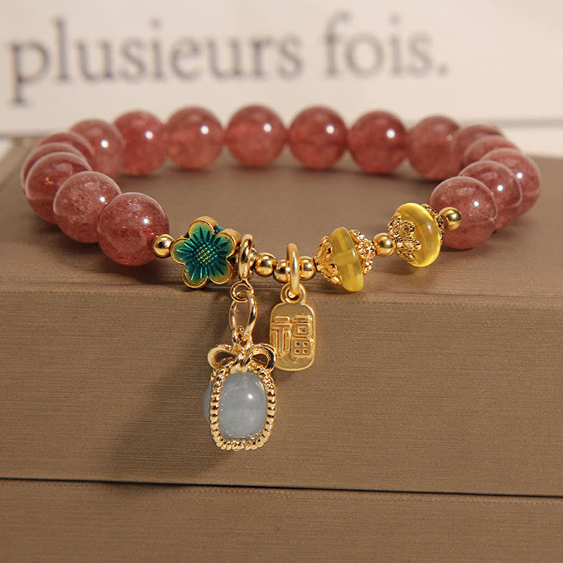 Buddha Stones Natural Strawberry Quartz Crystal Aquamarine Fortune Brand Love Bracelet
