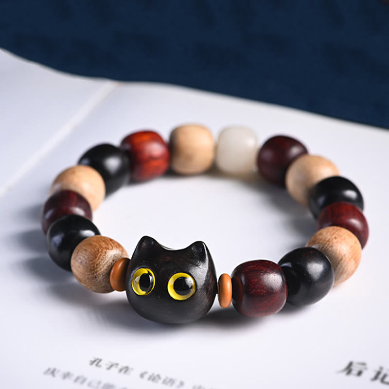EverestArtStudios Small Leaf Red Sandalwood Ebony Wood Cute Cat Engraved Protection Bracelet