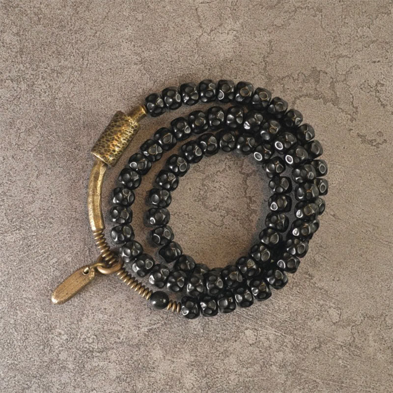 Buddha Stones Retro Coconut Shell Brass Copper Happiness Triple Wrap Bracelet