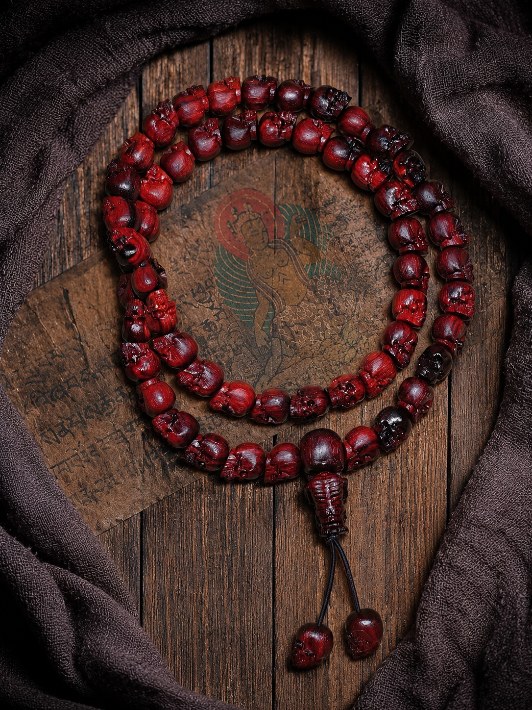 Natural Red Sandalwood Skull Mala Bracelet: Tibetan Buddhist Prayer Beads