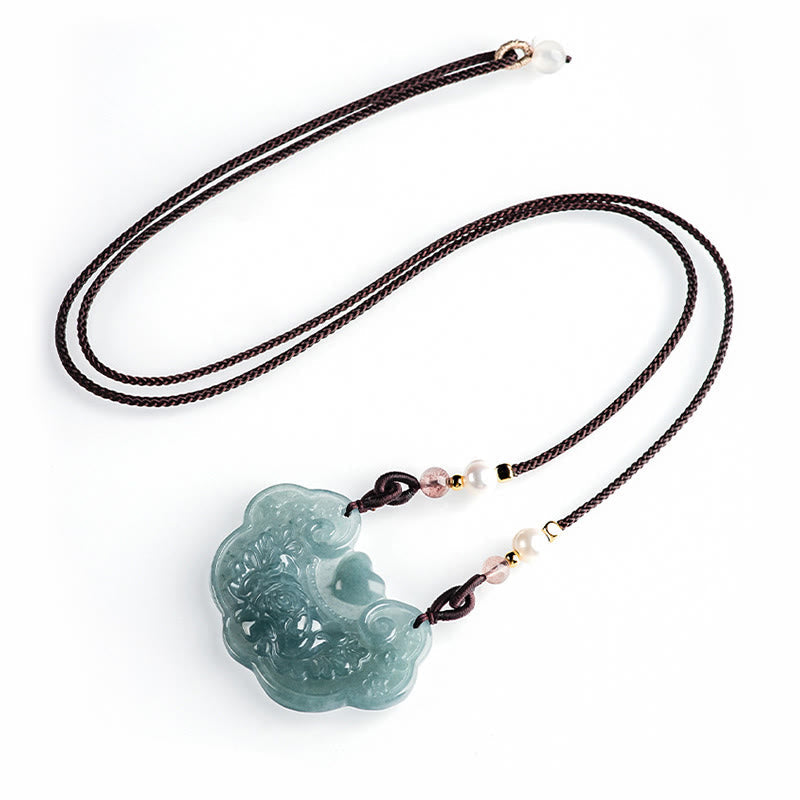 EverestArtstudios Natural Jade Peony Flower Lock of Good Wishes Prosperity Necklace Pendant