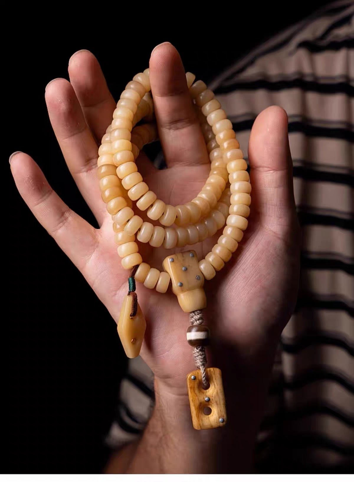 Natural Camel Bone Mala Bracelet 108 Beads, Tibetan Prayer Beads, Yellow Fossilized Bone Wrist Mala, Multi Wrap Meditation Bracelet for Men