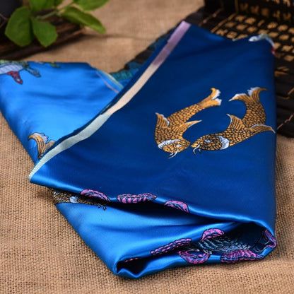 Blue Embroidered Tibetan Khata Scarf with Eight Auspicious Symbol