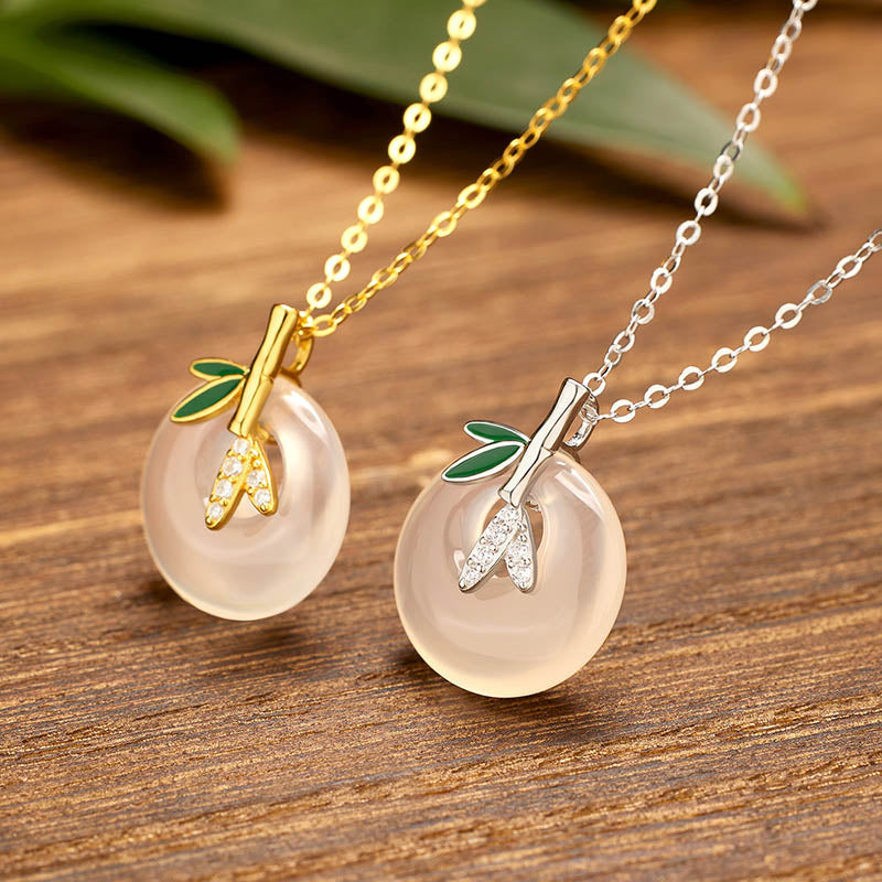 EverestArtstudios 925 Sterling Silver Natural Chalcedony Bamboo Leaf Peace Buckle Positive Necklace Pendant