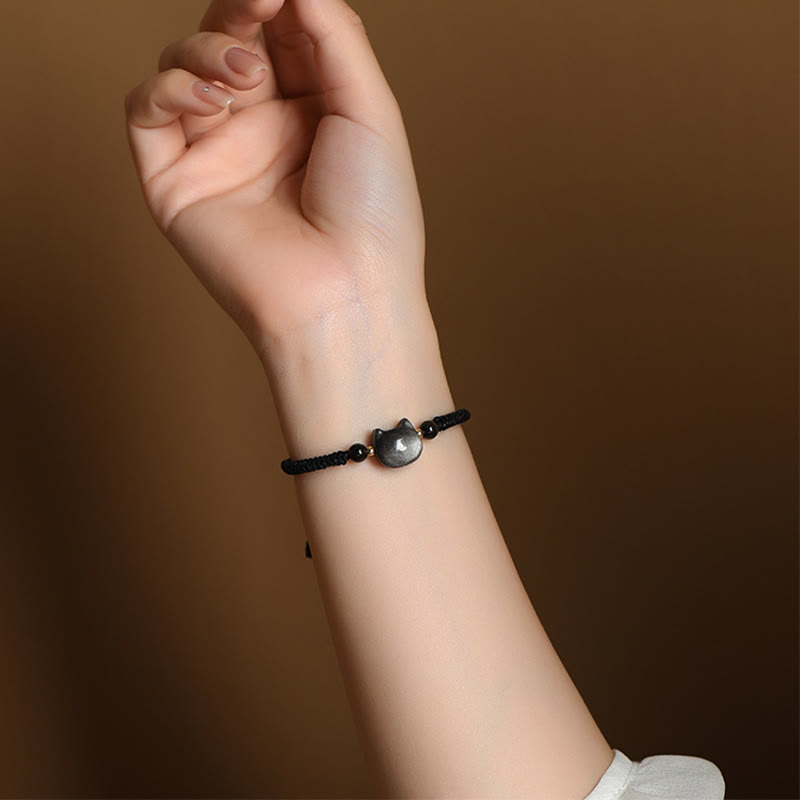 EverestArtstudios Handmade Natural Silver Sheen Obsidian Strawberry Quartz Cute Cat Protection Braided Bracelet