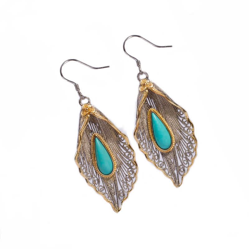 EverestArtStudios 925 Sterling Silver Turquoise Bodhi Leaf Pattern Protection Drop Dangle Earrings