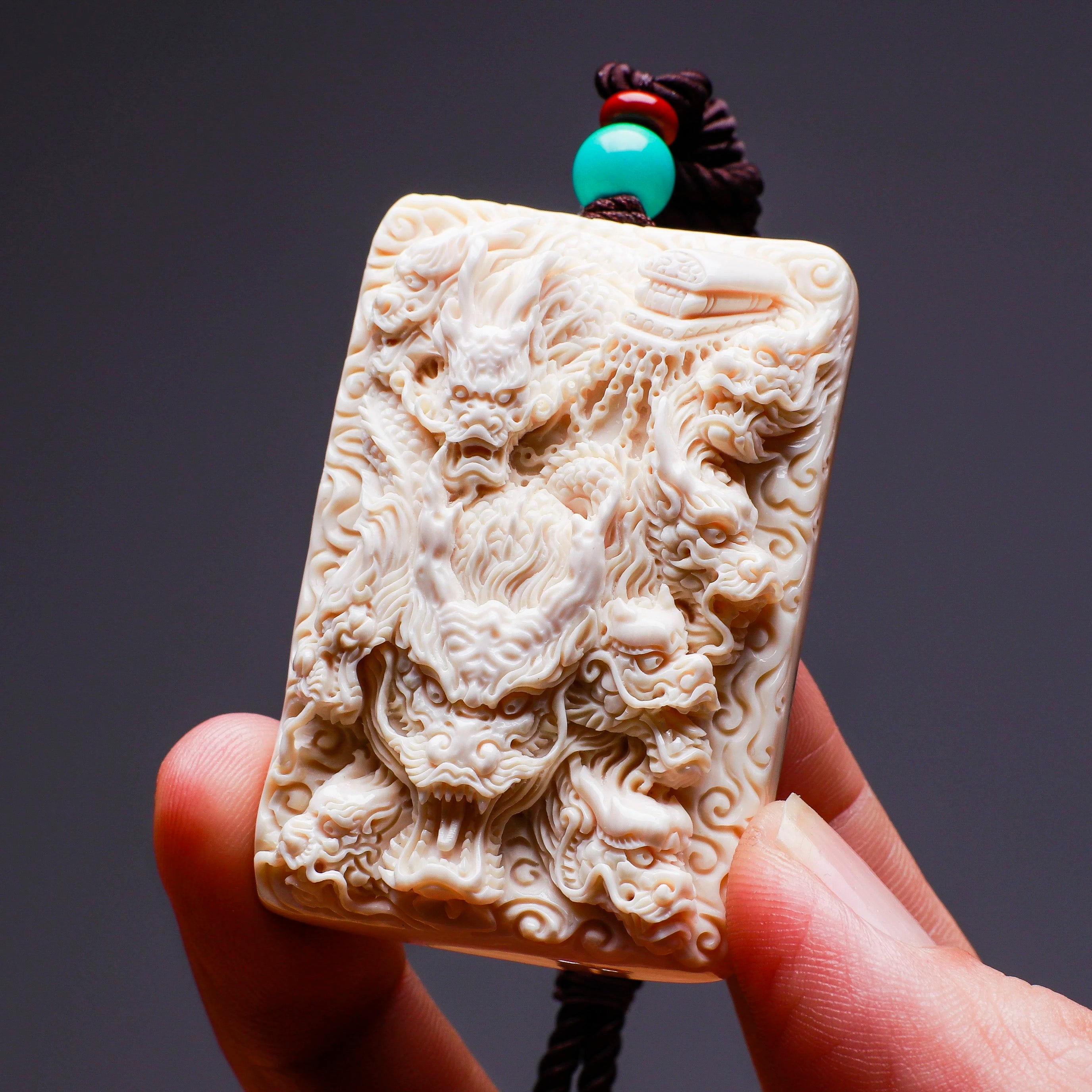 EverestArtStudios Natural Reclaimed Mammoth Ivory Nine Dragons Pendant, Hand Carved Dragon Amulet Necklace, Fortune Talisman Gift