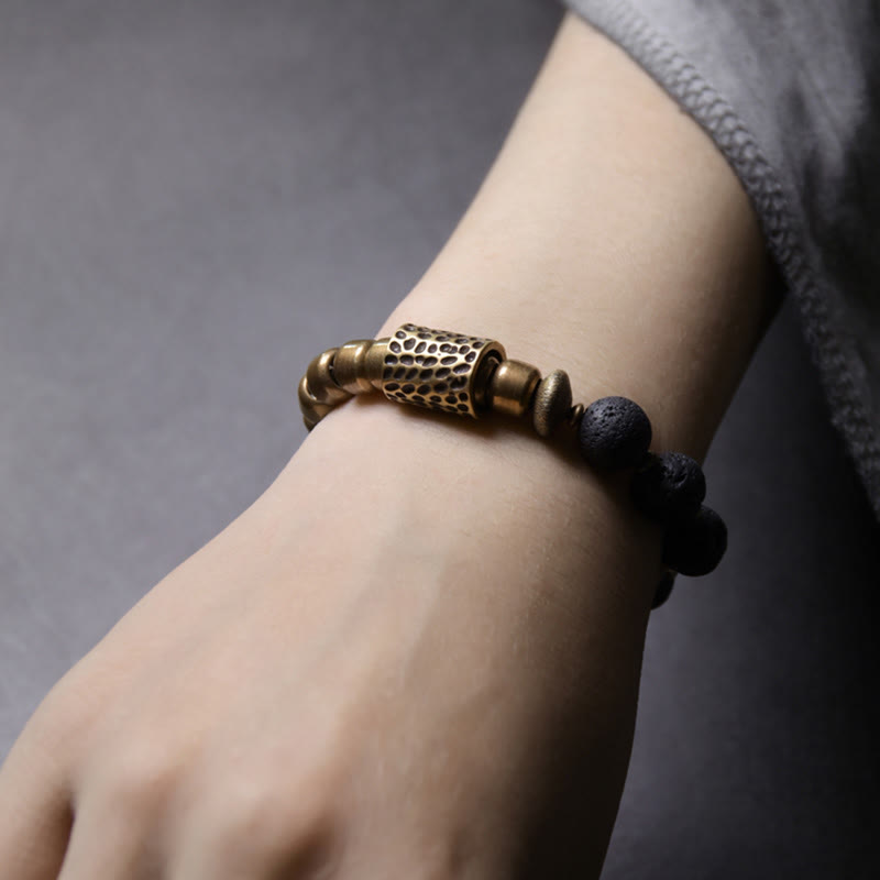 Buddha Stones Lava Rock Stone Rainbow Obsidian Brass Support Healing Bracelet
