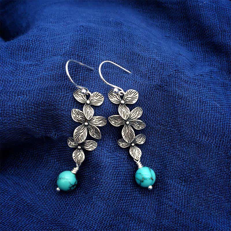 EverestArtStudios 925 Sterling Silver Turquoise Lazurite Lapis Lazuli Flower Leaf Serenity Protection Hook Drop Dangle Earrings