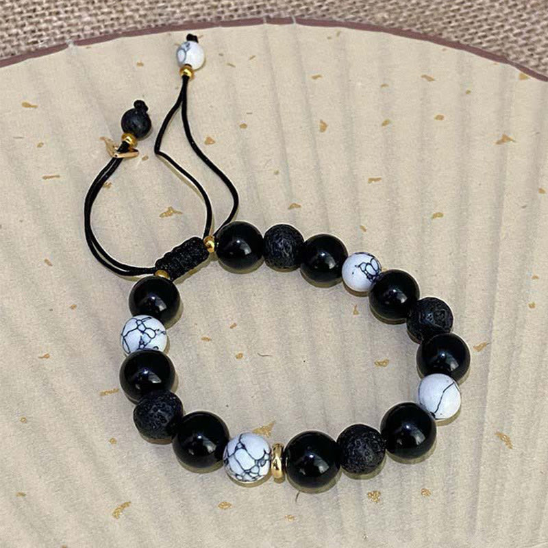 EverestArtStudios Black Obsidian Lava Rock Stone Yin Yang Strength Bracelet