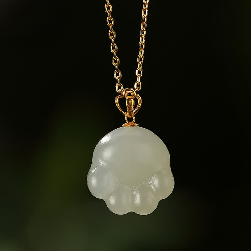 EverestArtstudios 925 Sterling Silver Hetian White Jade Cute Cat Paw Luck Necklace Pendant