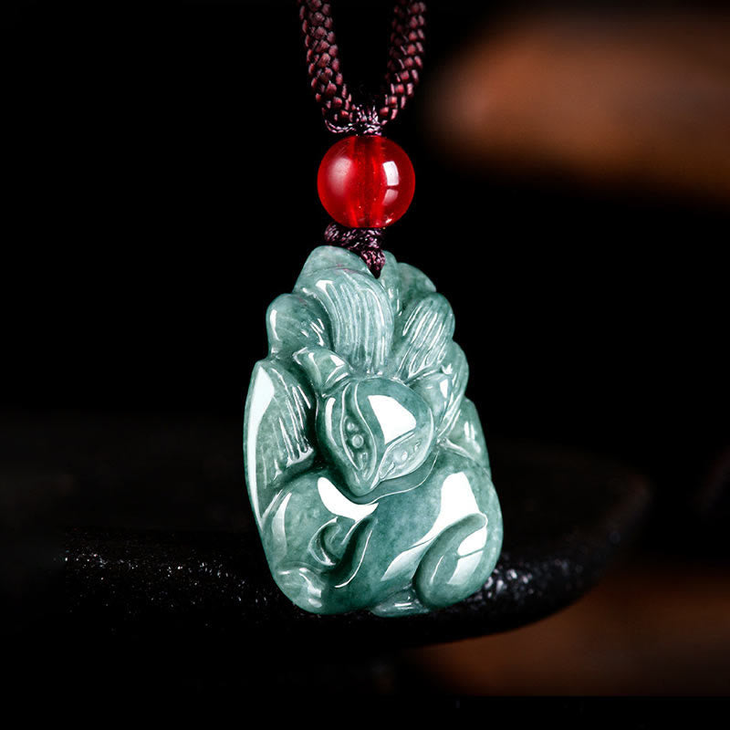 EverestArtstudios Natural Green Jade Nine Tailed Fox Engraved Prosperity Necklace Pendant