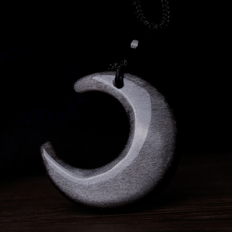 Buddha Stones Natural Silver Sheen Obsidian Selenite Crystal Crescent Moon Yin Yang Couple Protection Necklace Pendant