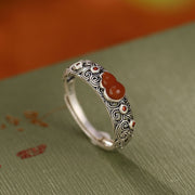 EverestArtstudios 925 Sterling Silver Red Agate Cyan Jade Gourd Blessing Auspicious Ring