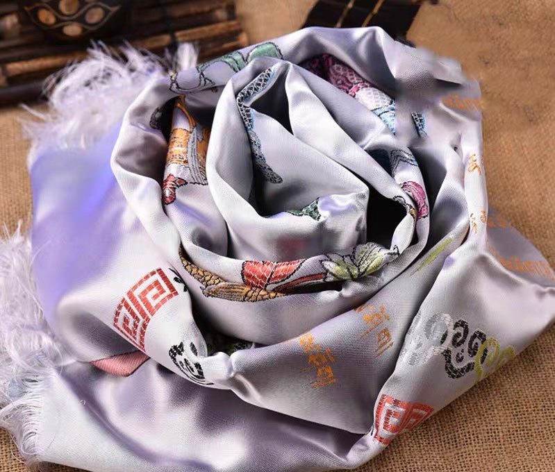 White Embroidered Tibetan Khata Scarf with Eight Auspicious Symbol
