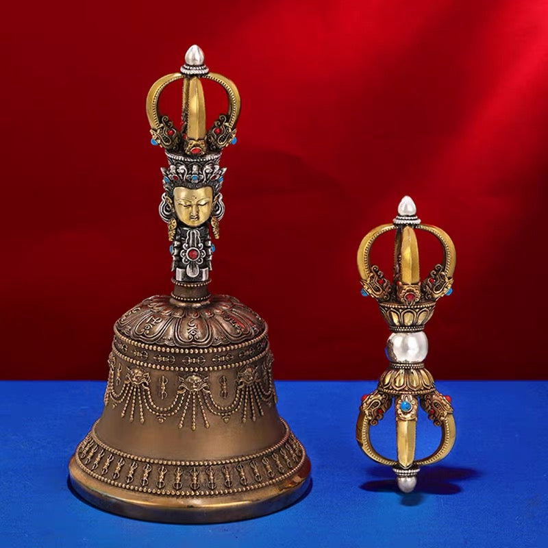 Handcrafted Silver Tibetan Bell & Dorje Set Buddhist Meditation Decor