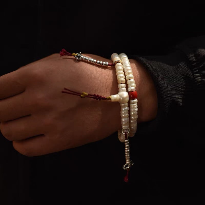 108 Freshwater Pearl Mala Bracelet – Tibetan Style Pearl Prayer Beads – Double Wrap Meditation Bracelet – Spiritual Jewelry for Women – Handheld Rosary