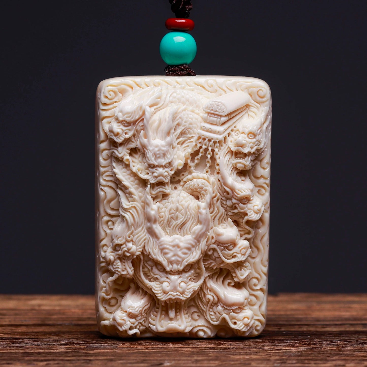 EverestArtStudios Natural Reclaimed Mammoth Ivory Nine Dragons Pendant, Hand Carved Dragon Amulet Necklace, Fortune Talisman Gift