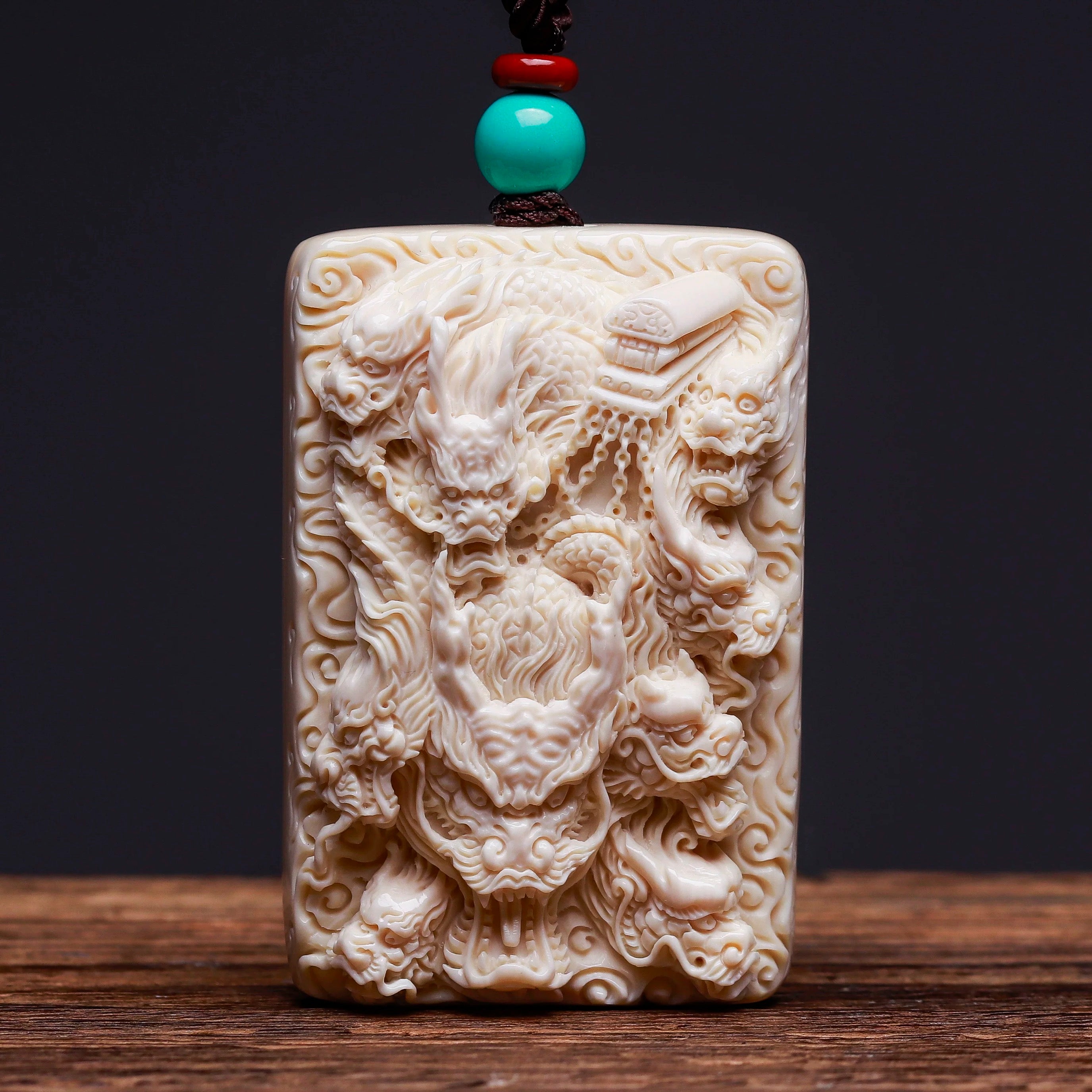 EverestArtStudios Natural Reclaimed Mammoth Ivory Nine Dragons Pendant, Hand Carved Dragon Amulet Necklace, Fortune Talisman Gift