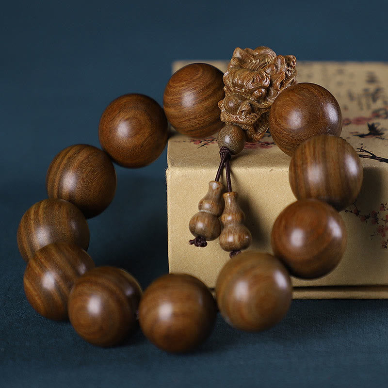 EverestArtStudios Rosewood Green Sandalwood Small Leaf Red Sandalwood Dragon Carved Protection Bracelet