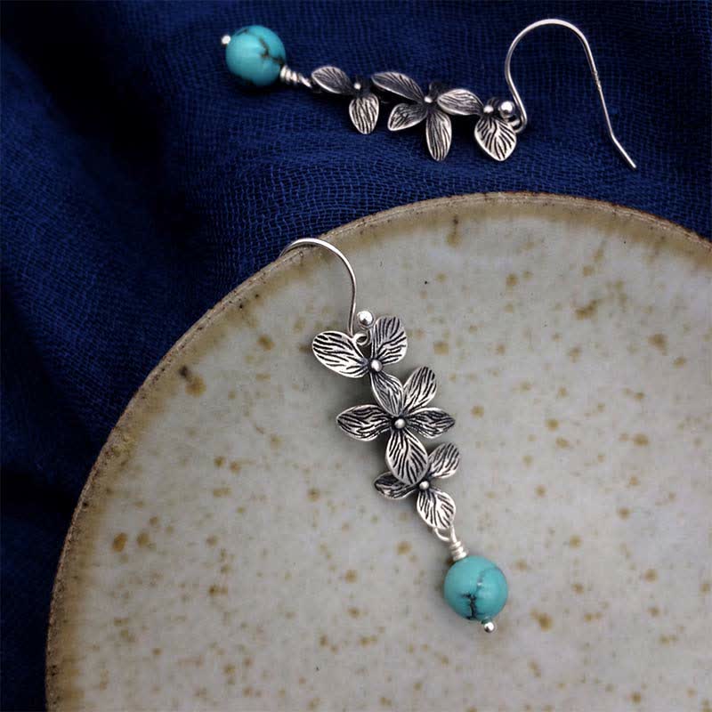 EverestArtStudios 925 Sterling Silver Turquoise Lazurite Lapis Lazuli Flower Leaf Serenity Protection Hook Drop Dangle Earrings