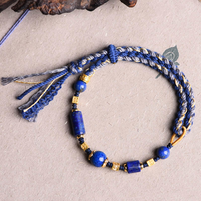 Buddha Stones Handmade Natural Lazurite Lapis Lazuli Bead Positive Rope Bracelet