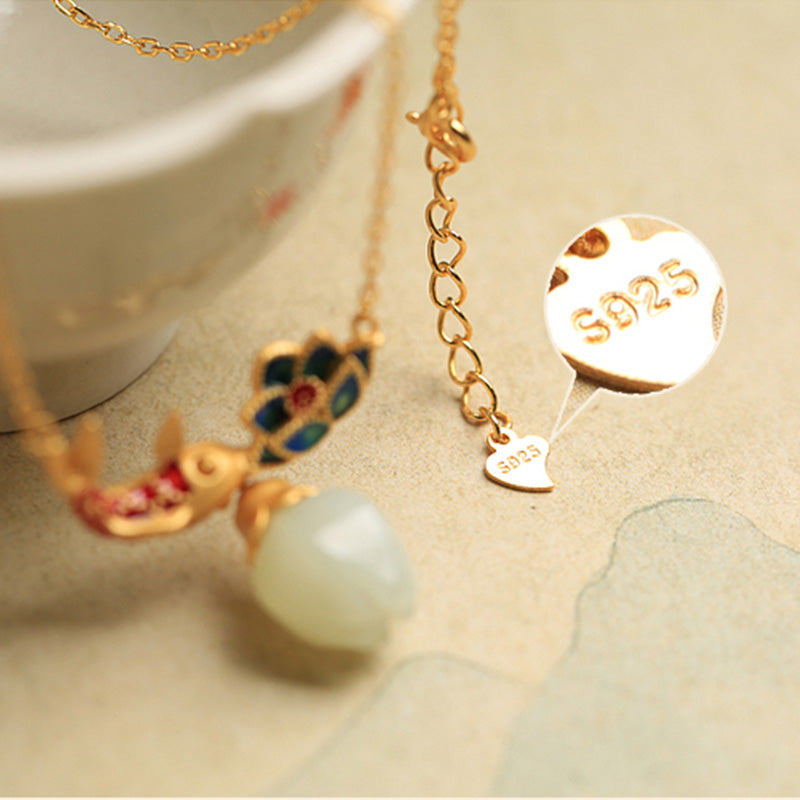 Buddha Stones White Jade Koi Fish Lotus Copper Protection Necklace Pendant