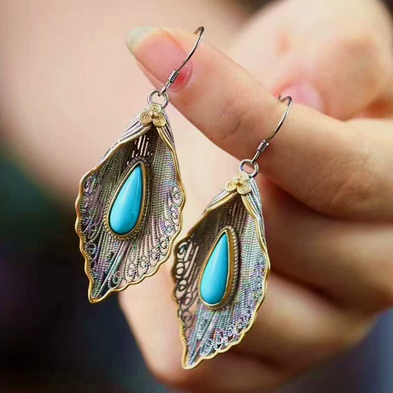 EverestArtStudios 925 Sterling Silver Turquoise Bodhi Leaf Pattern Protection Drop Dangle Earrings