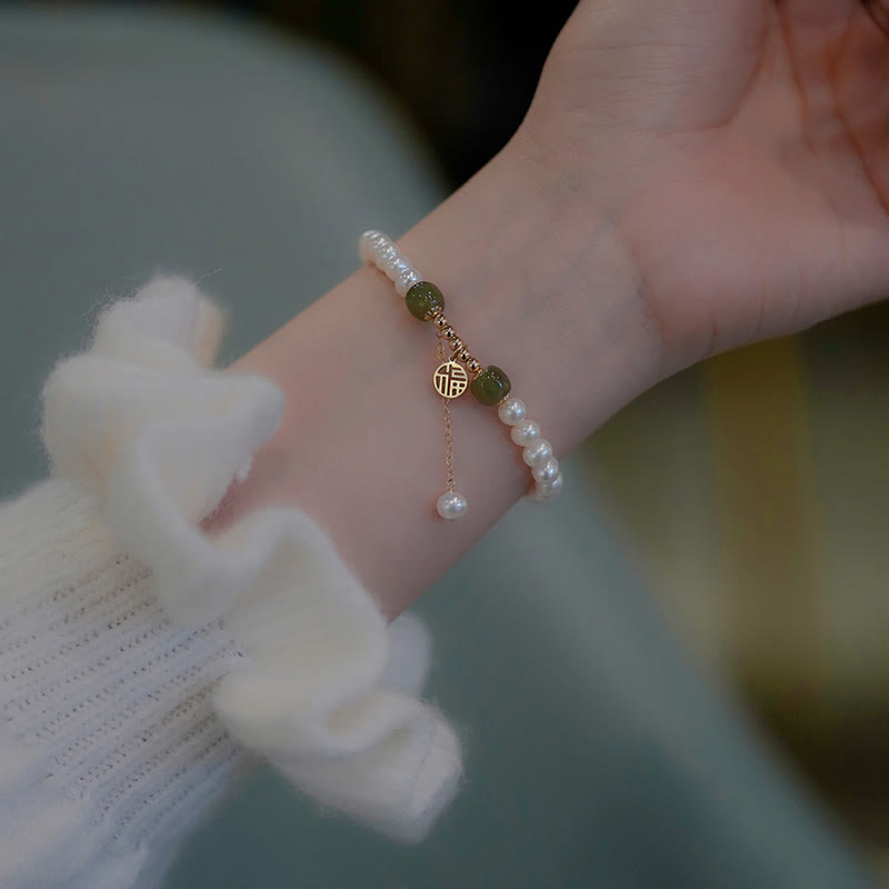 Buddha Stones Natural Pearl Hetian Jade Happiness Wisdom Bead Bracelet