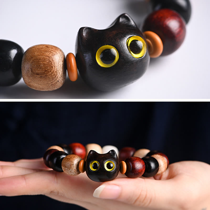 EverestArtStudios Small Leaf Red Sandalwood Ebony Wood Cute Cat Engraved Protection Bracelet