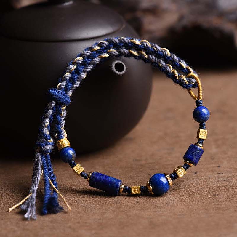 Buddha Stones Handmade Natural Lazurite Lapis Lazuli Bead Positive Rope Bracelet