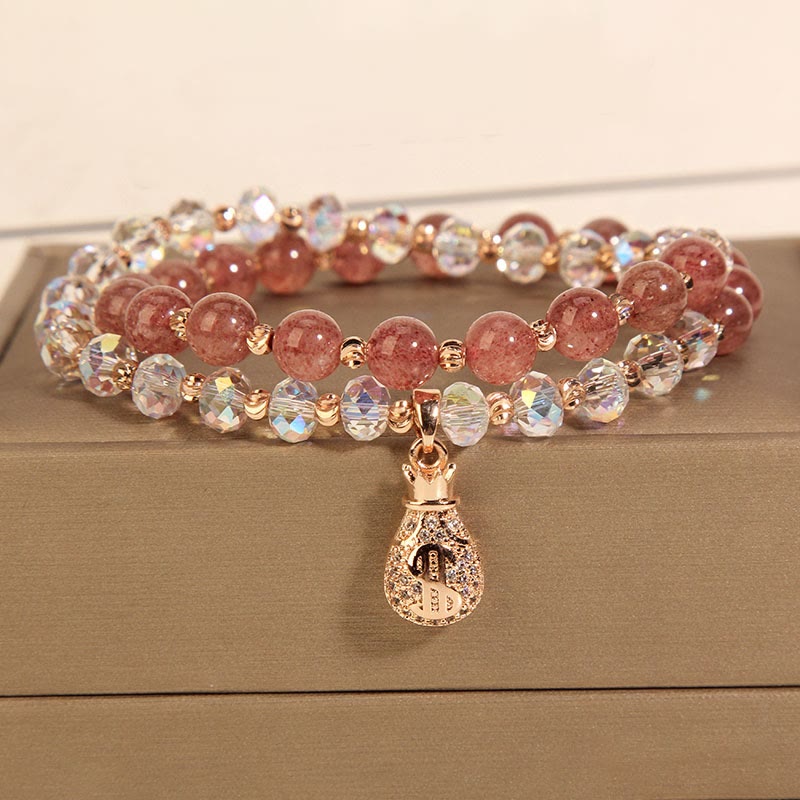 EverestArtStudios Strawberry Quartz White Crystal Money Bag Charm Positive Bracelet