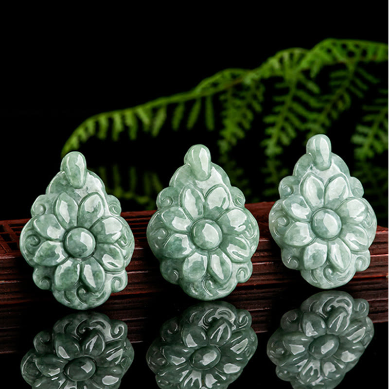 EverestArtstudios Natural Jade Kalanchoe blossfeldiana Flower Pattern Luck Necklace Pendant