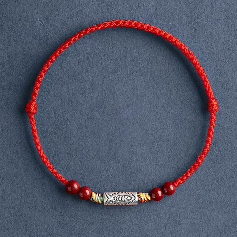 EverestArtstudios 925 Sterling Silver Koi Fish Cinnabar Bead Wealth Handcrafted Braided Bracelet Anklet