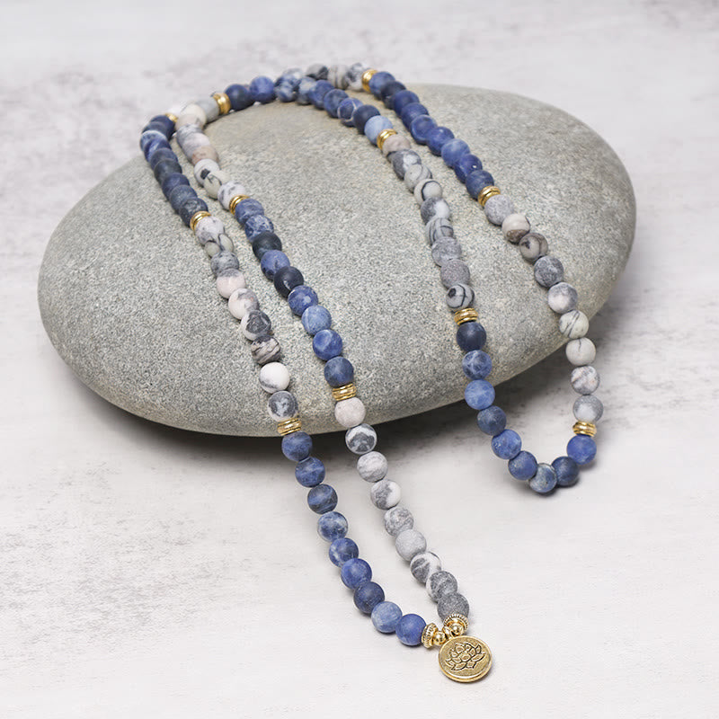 EverestArtStudios 108 Natural Picasso Jasper & Blue Stone Mala Bead Lotus Pendant Bracelet