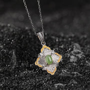 EverestArtstudios 925 Sterling Silver Plated Gold Hetian Cyan Jade Rhombus Design Luck Healing Necklace Pendant