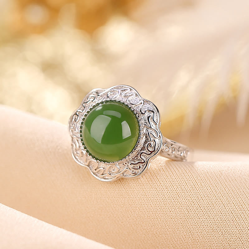 EverestArtstudios 925 Sterling Silver Hetian Cyan Jade Flower Design Luck Adjustable Ring