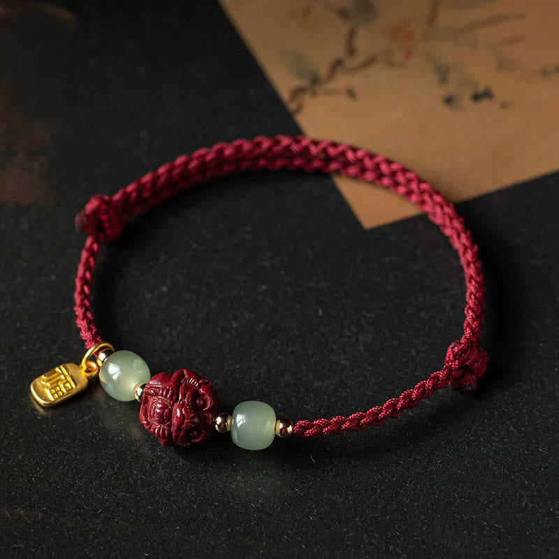 EverestArtstudios Natural Cinnabar Chinese Zodiac Hetian Jade Fu Character Luck Rope Bracelet
