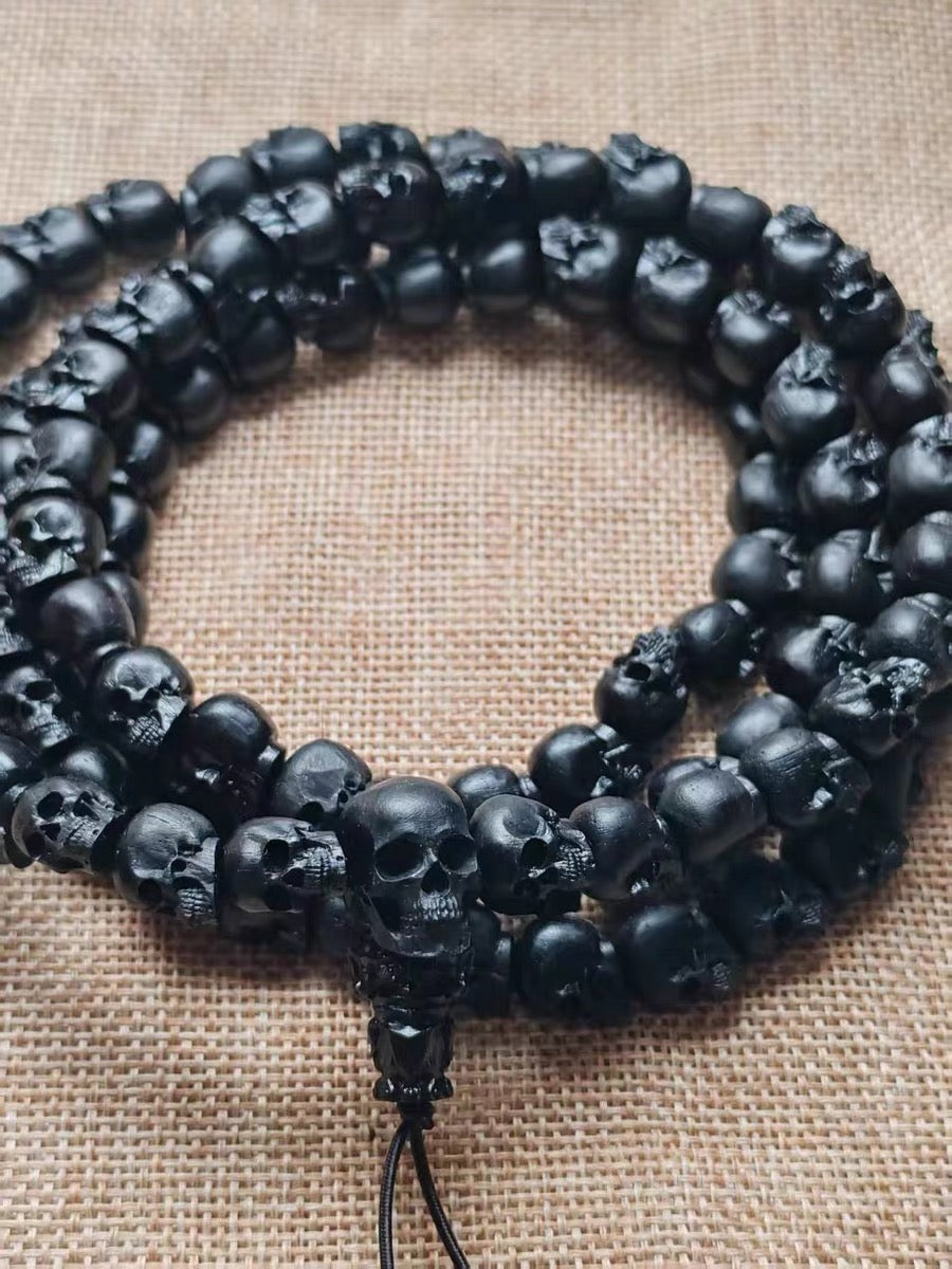 Natural Black Sandalwood Skull Mala Bracelet: Tibetan Buddhist Prayer 108 Beads