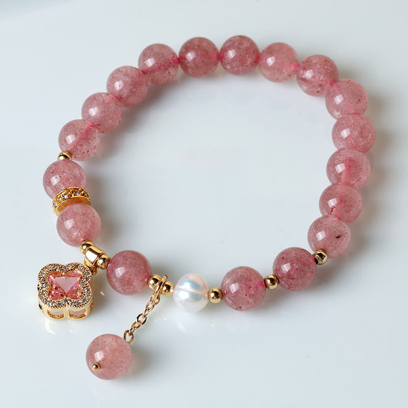 EverestArtstudios Strawberry Quartz Pearl Four Leaf Clover Charm Healing Bracelet