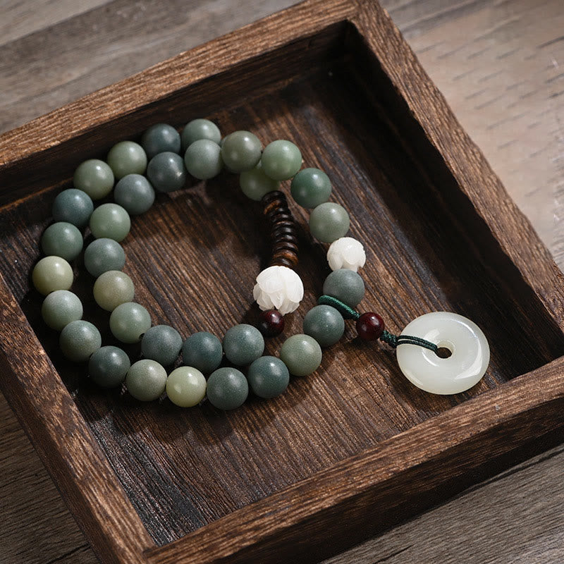 Buddha Stones Cyan Bodhi Seed Lotus Jade Peace Buckle Wisdom Double Wrap Bracelet