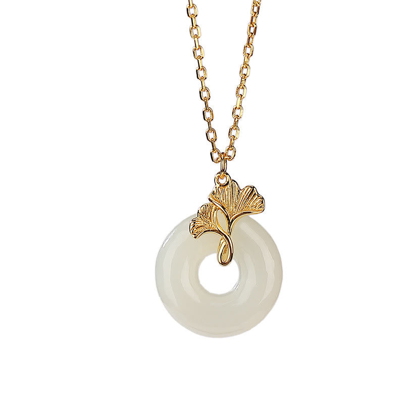 EverestArtstudios 925 Sterling Silver Natural Hetian Jade Ginkgo Leaf Peace Buckle Luck Necklace Pendant