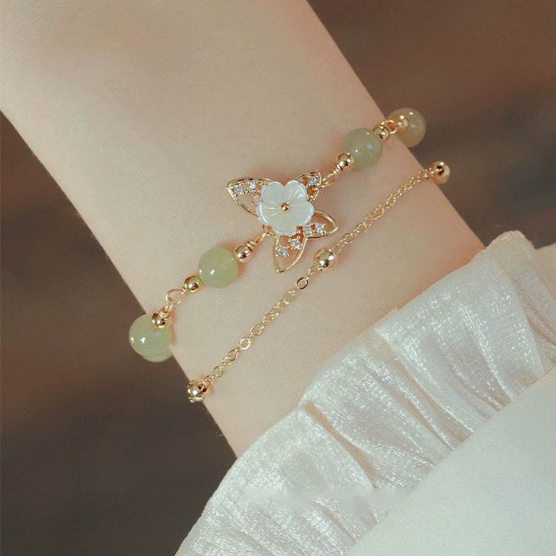 EverestArtStudios 14K Gold Plated Jade Butterfly Tridacna Stone Flower Double Layer Luck Bracelet