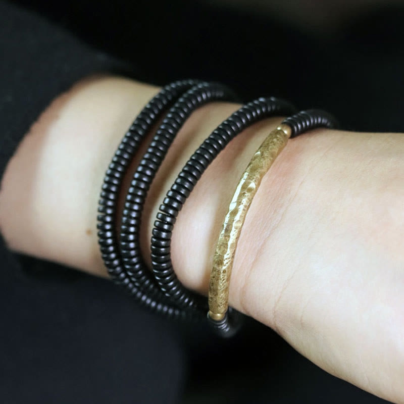 Buddha Stones Ebony Wood Brass Copper Balance Multilayered Bracelet