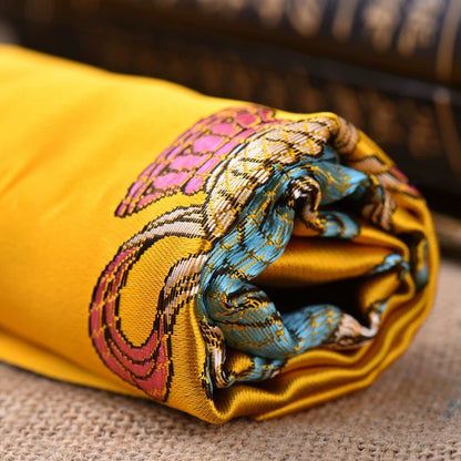 Yellow Embroidered Tibetan Khata Scarf with Eight Auspicious Symbol