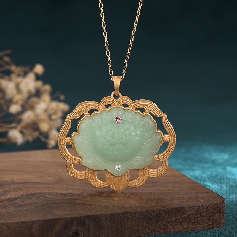 Buddha Stones Natural Jade Lotus Harmony Necklace Pendant