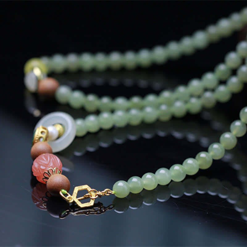 Buddha Stones Natural Hetian Jade Amber Lotus Red Agate Luck Abundance Bracelet